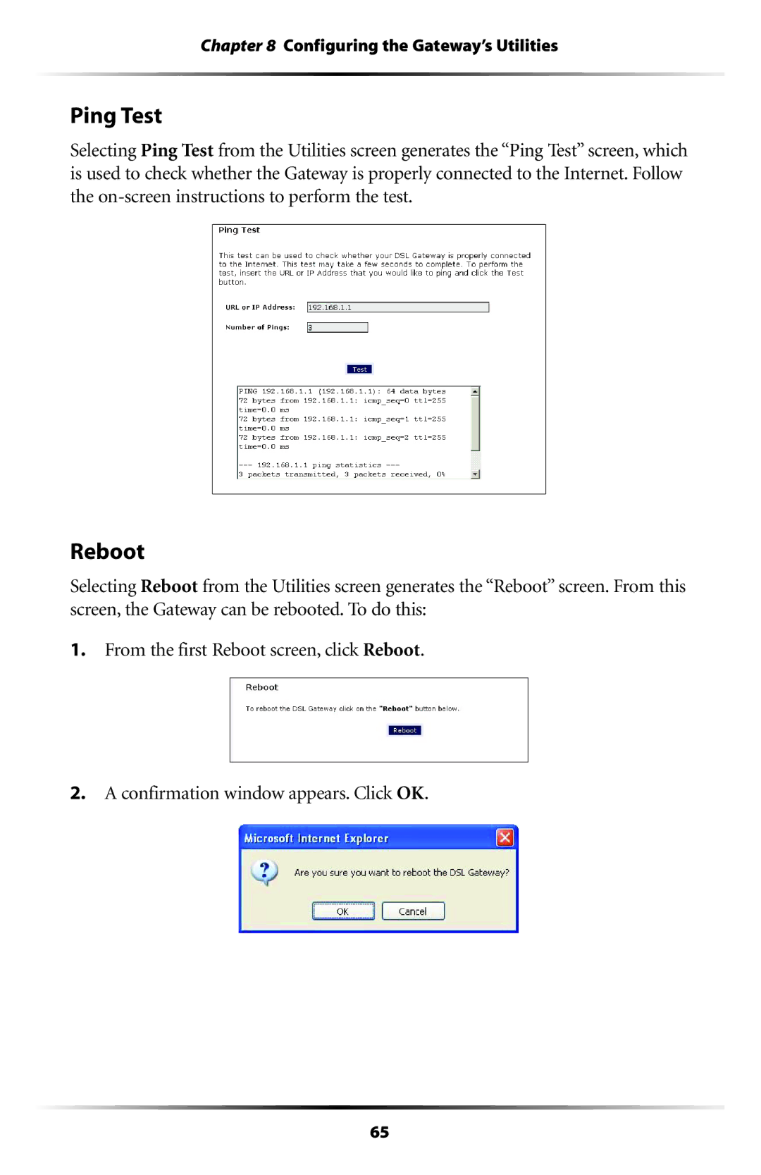 Actiontec electronic GT704WG user manual Ping Test, Reboot 