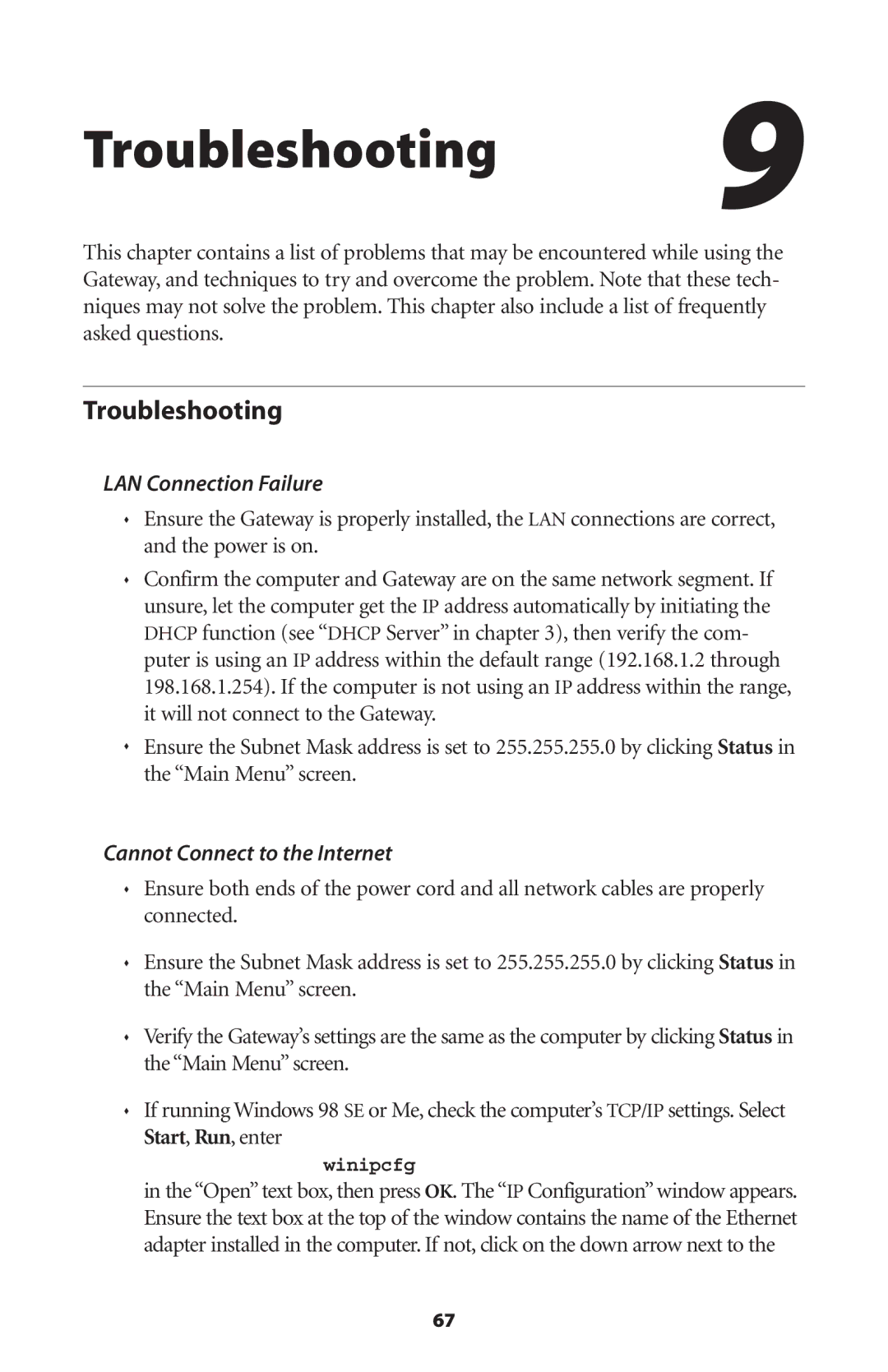 Actiontec electronic GT704WG user manual Troubleshooting, LAN Connection Failure, Cannot Connect to the Internet 