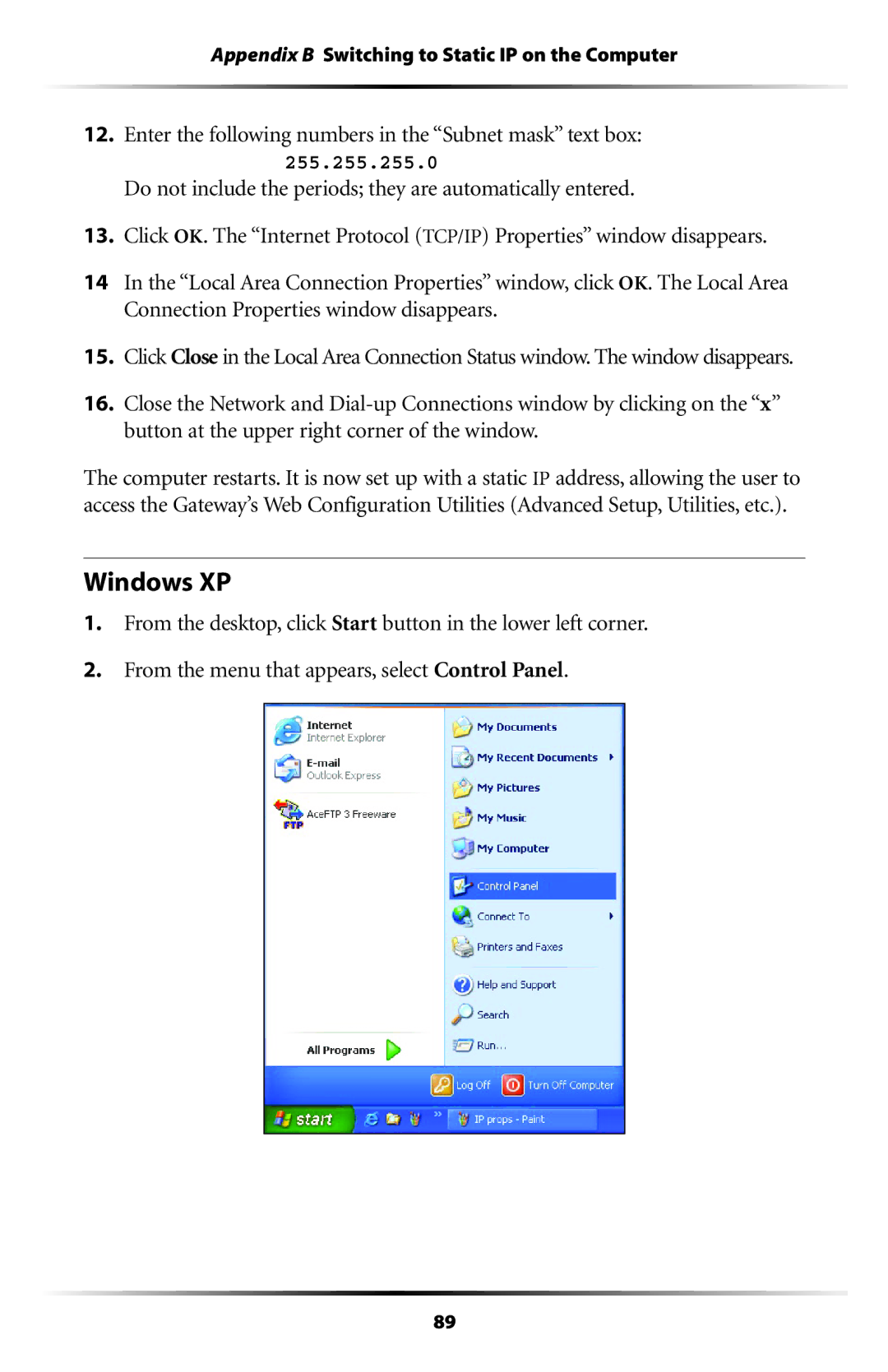 Actiontec electronic GT704WG user manual Windows XP, Enter the following numbers in the Subnet mask text box 