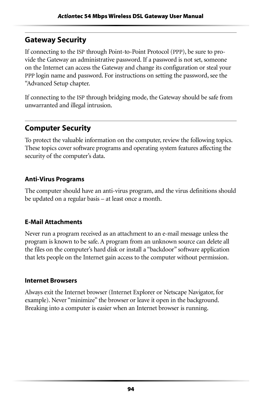 Actiontec electronic GT704WG user manual Gateway Security, Computer Security, Internet Browsers 