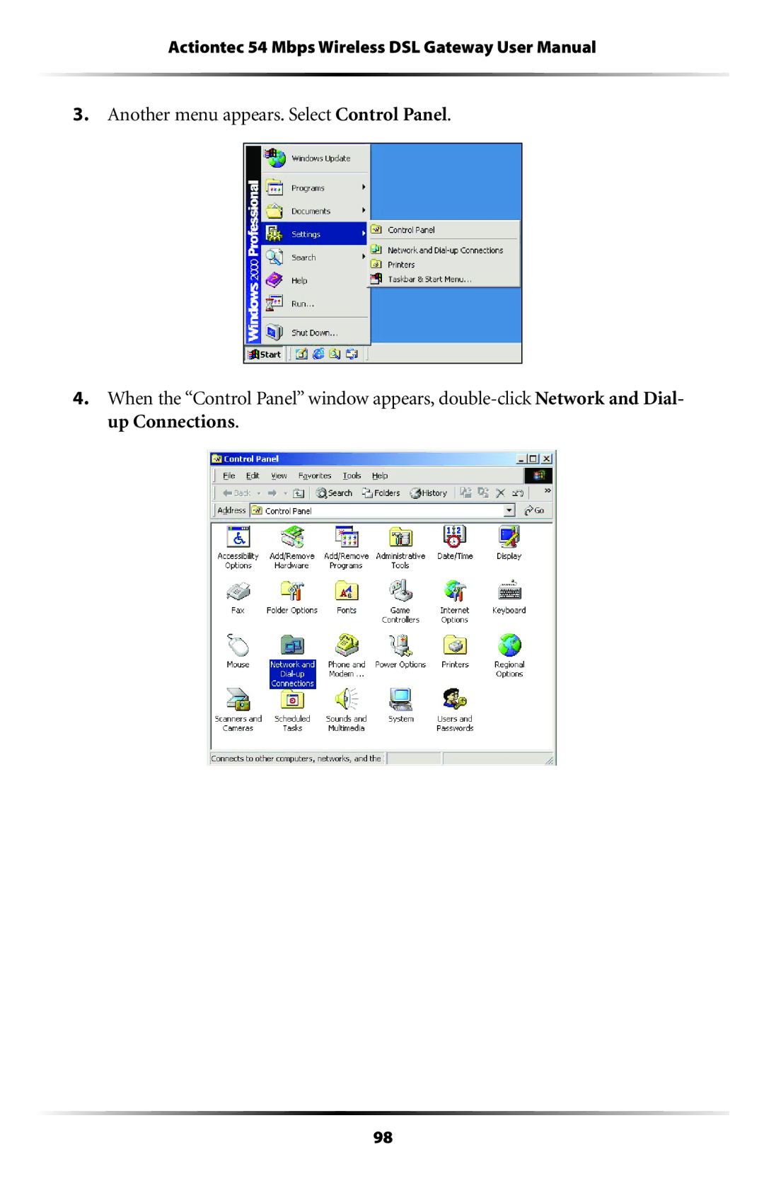 Actiontec electronic GT704WGB manual  !NOTHER Menu APPEARS 3ELECT #ONTROL 0ANEL, Up #Onnections 