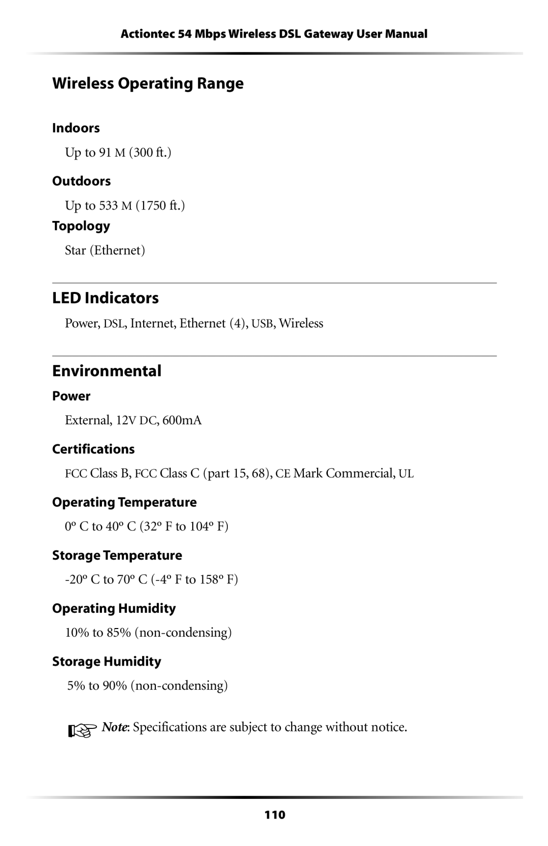 Actiontec electronic GT704WGB manual 7IRELESSE/PERATING 2ANGE, $%Ndicators, Nvironmental 