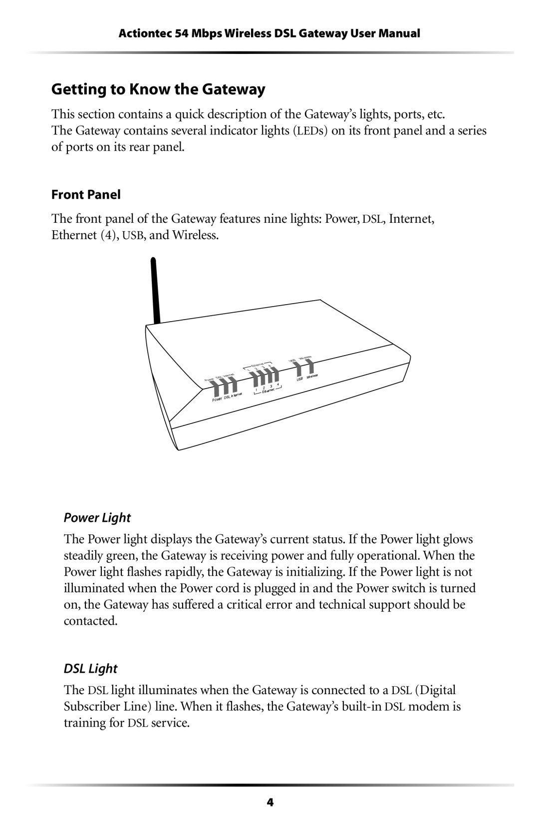 Actiontec electronic GT704WGB manual Etting TOO+NOWWTHEHATEWAY, 0OWER ,IGHT, $3,3,IGHT 