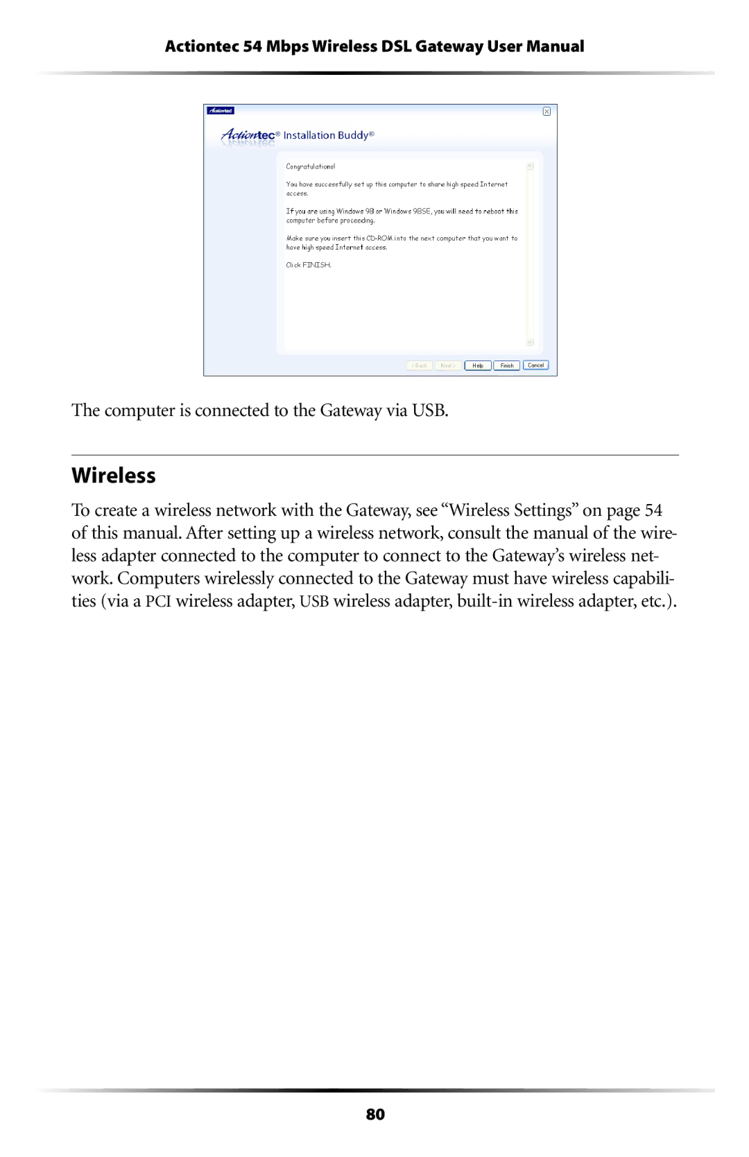 Actiontec electronic GT704WGB manual 7IRELESS, 4HE Computer is Connected to the Ateway VIA 53 