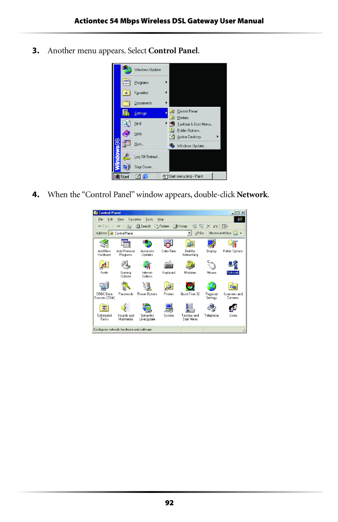 Actiontec electronic GT704WGB manual  !NOTHER Menu APPEARS 3ELECT #ONTROL 0ANEL 