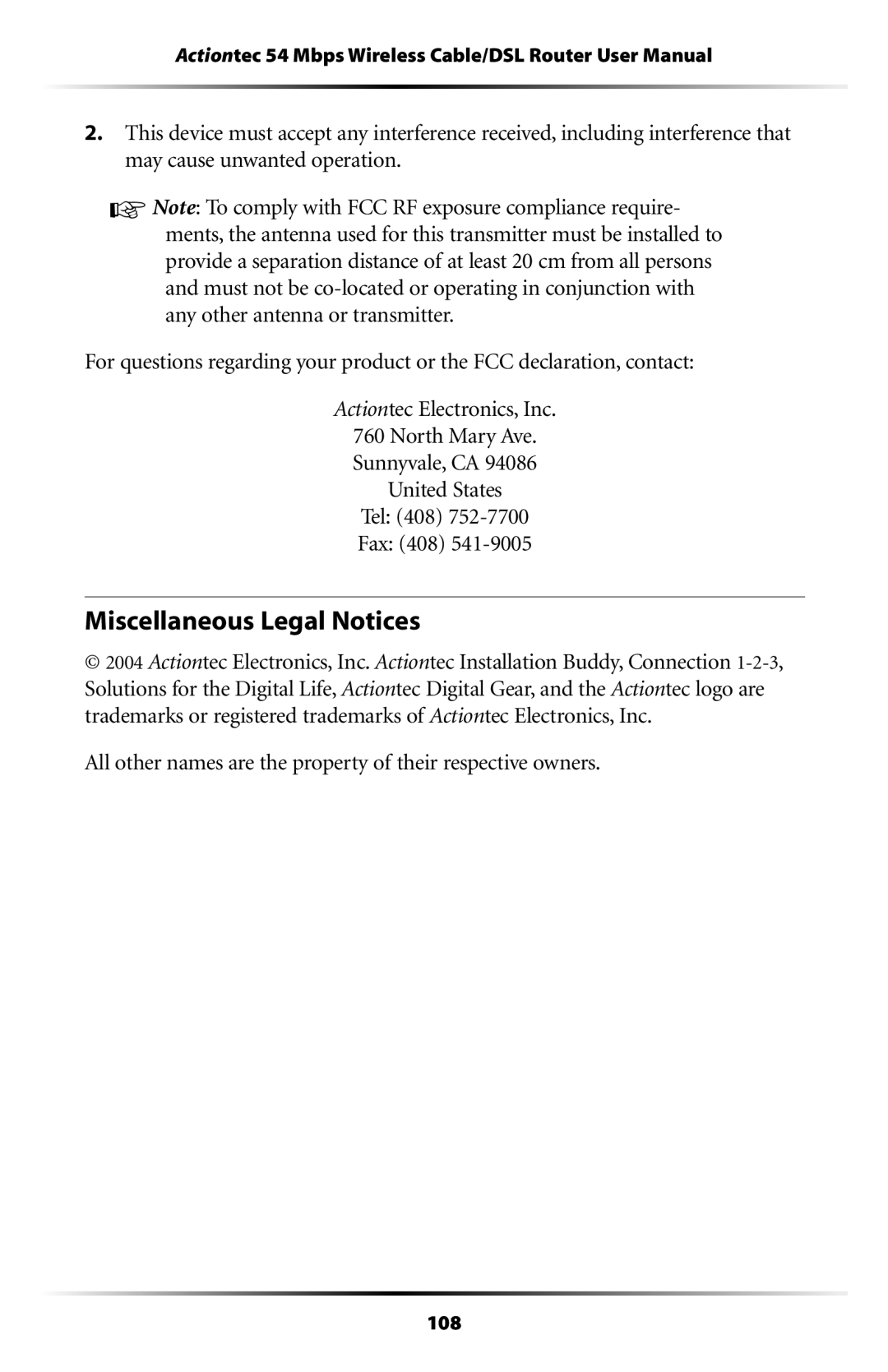 Actiontec electronic GT704WR Miscellaneous Legal Notices, All other names are the property of their respective owners 