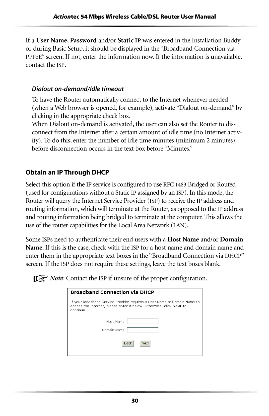 Actiontec electronic GT704WR user manual Dialout on-demand/Idle timeout, Obtain an IP Through Dhcp 