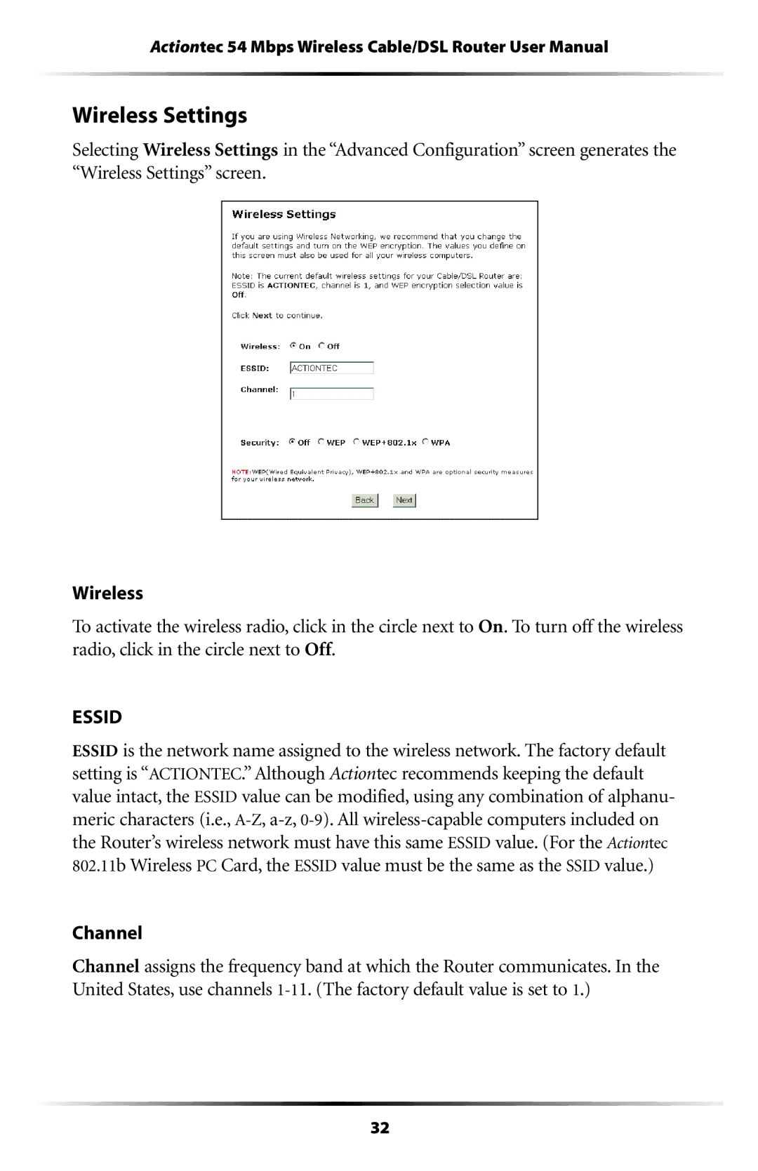 Actiontec electronic GT704WR user manual Wireless Settings, Channel 