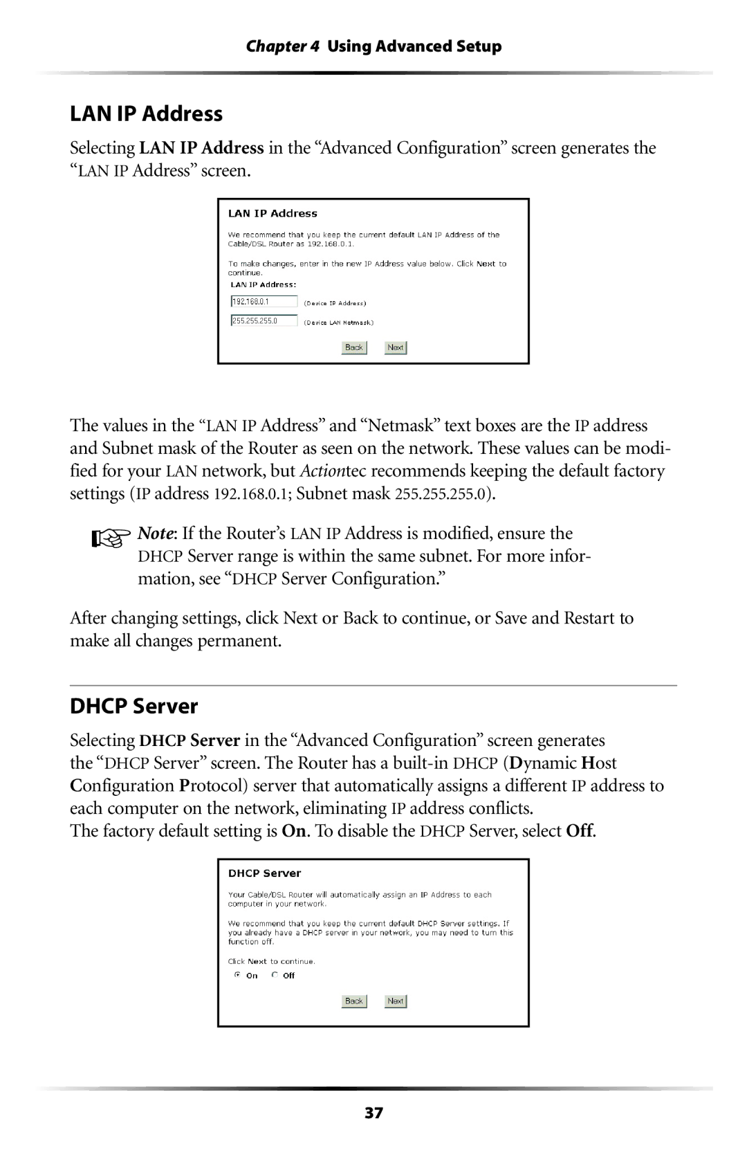 Actiontec electronic GT704WR user manual LAN IP Address, Dhcp Server 