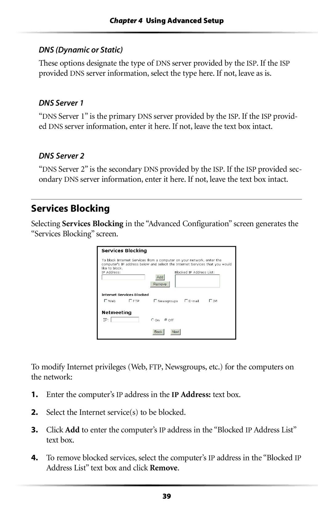 Actiontec electronic GT704WR user manual Services Blocking, DNS Dynamic or Static, DNS Server 