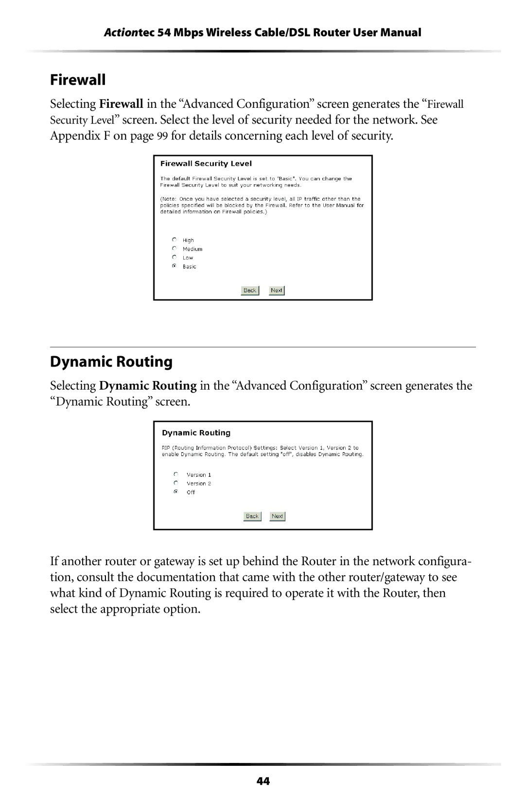 Actiontec electronic GT704WR user manual Firewall, Dynamic Routing 