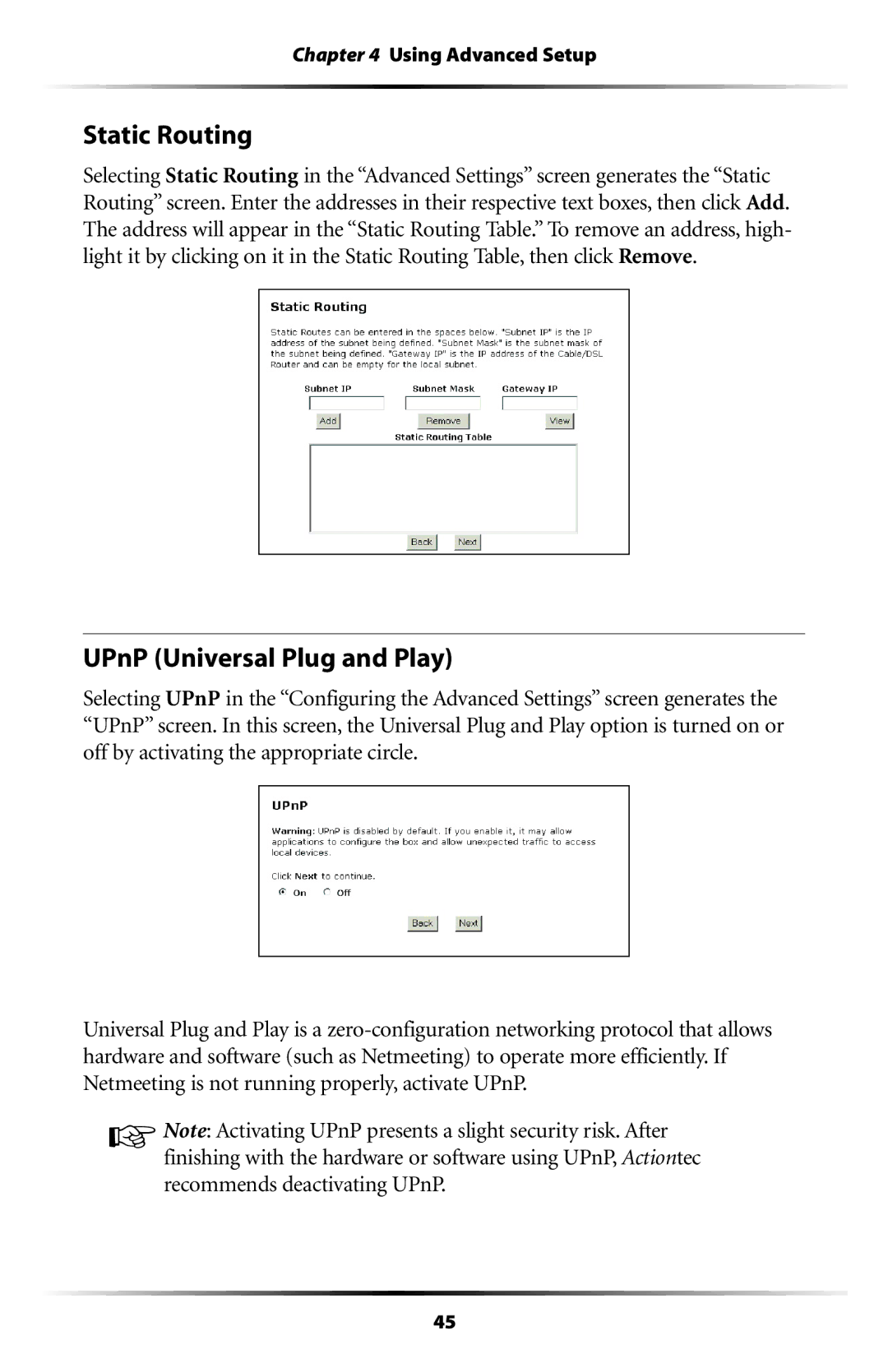 Actiontec electronic GT704WR user manual Static Routing, UPnP Universal Plug and Play 