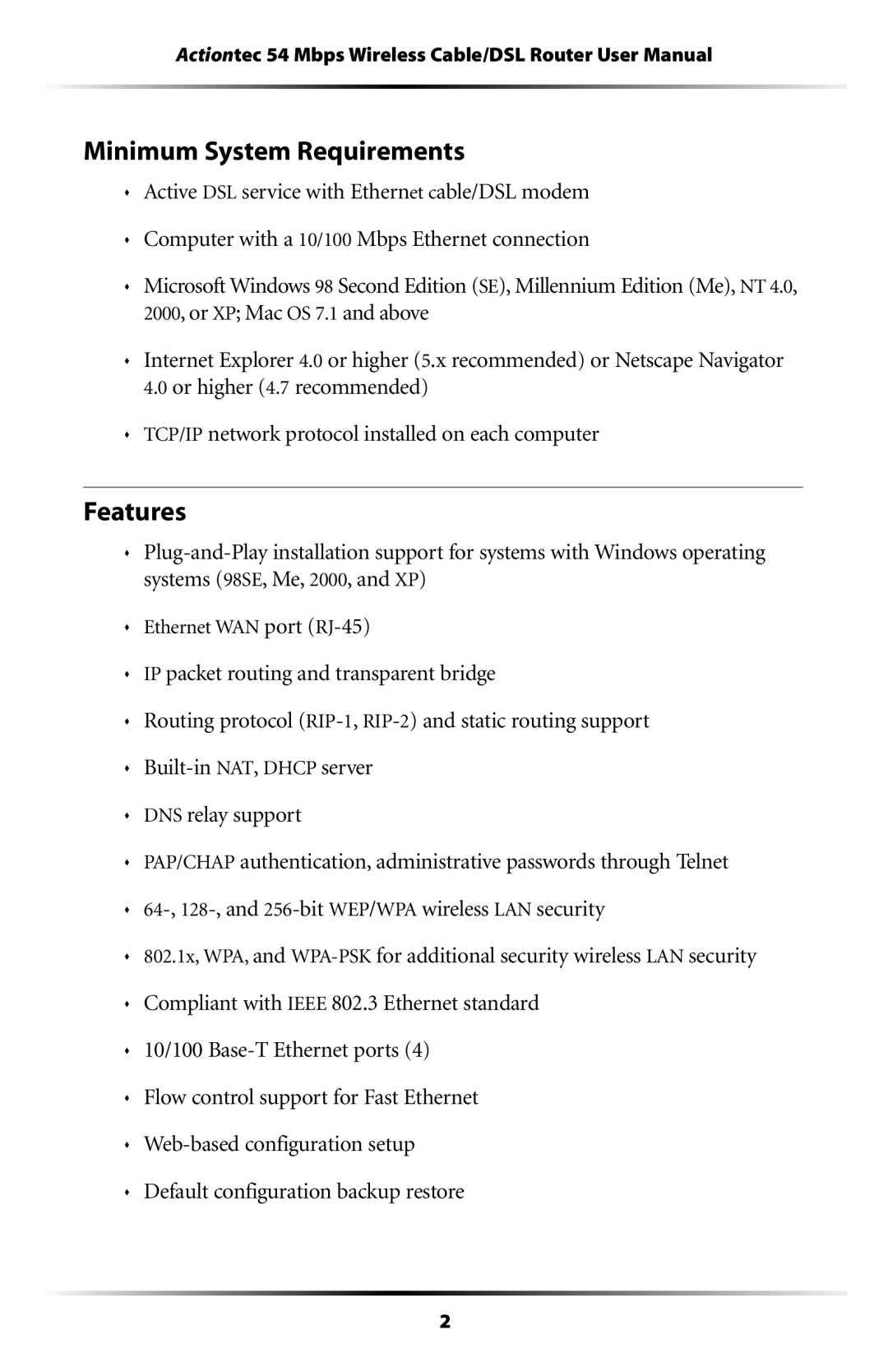 Actiontec electronic GT704WR user manual Minimum System Requirements, Features 