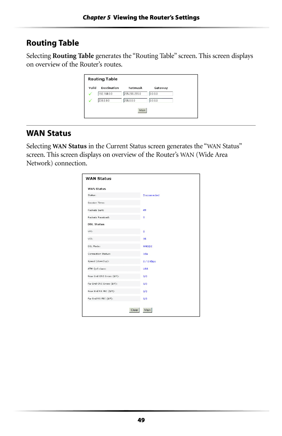 Actiontec electronic GT704WR user manual Routing Table, WAN Status 