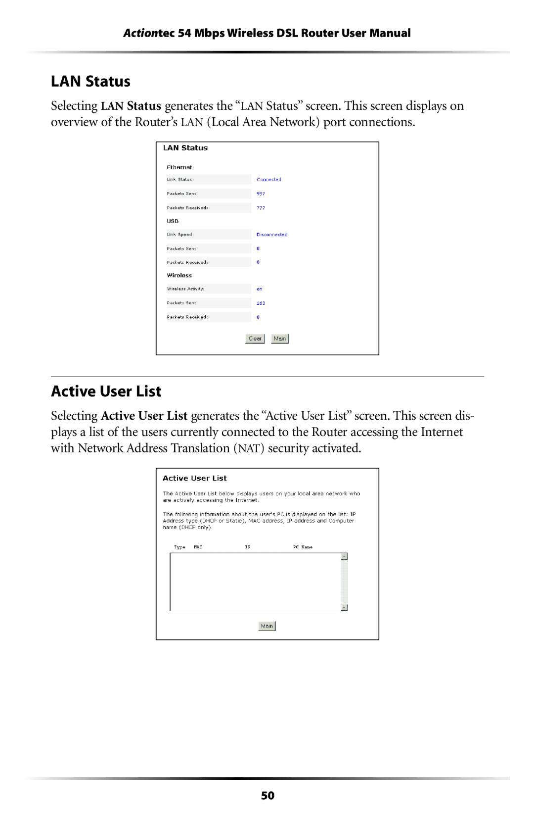 Actiontec electronic GT704WR user manual LAN Status, Active User List 