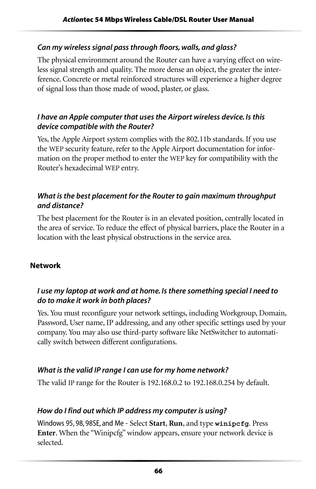 Actiontec electronic GT704WR user manual Network, What is the valid IP range I can use for my home network? 