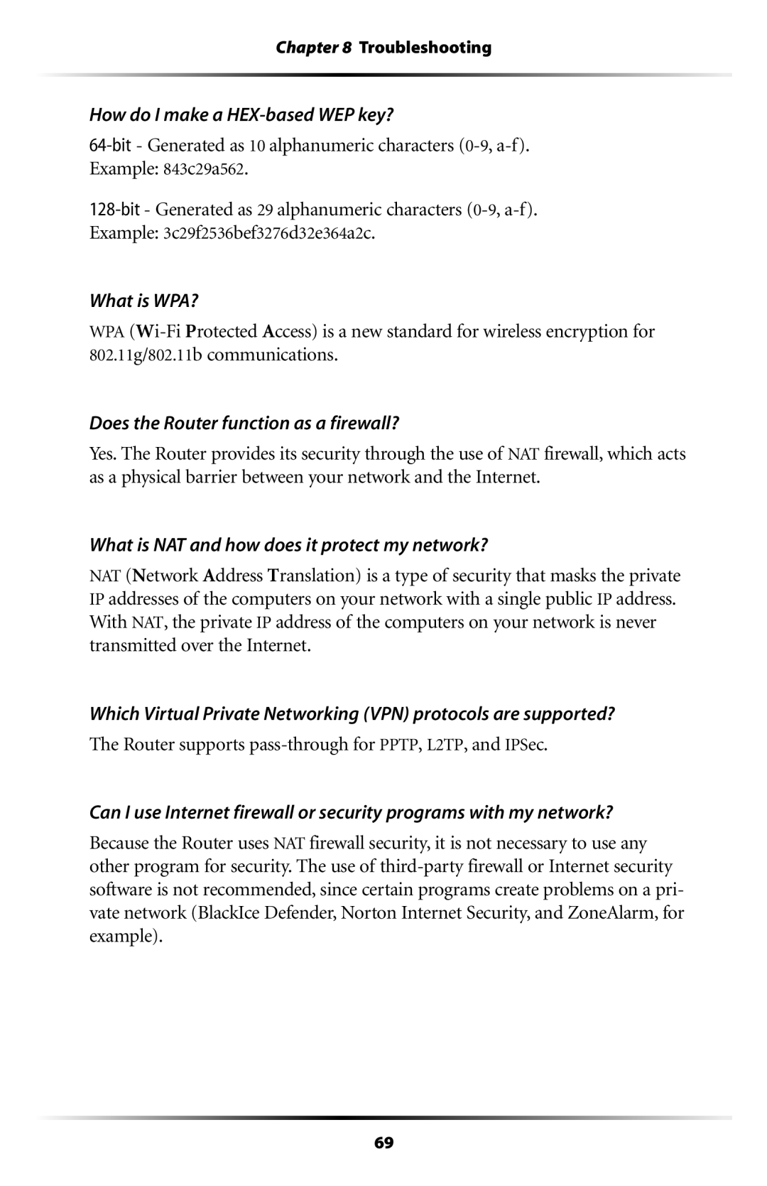 Actiontec electronic GT704WR How do I make a HEX-based WEP key?, What is WPA?, Does the Router function as a firewall? 