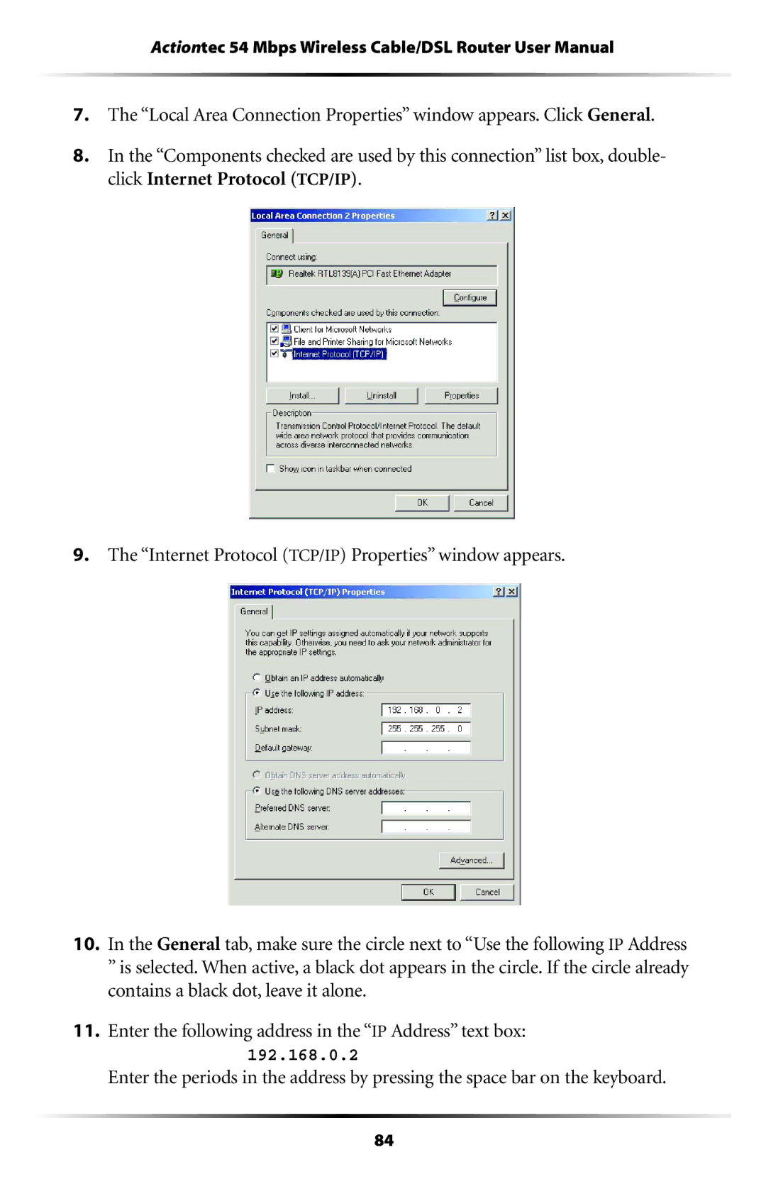 Actiontec electronic GT704WR user manual 192.168.0.2 