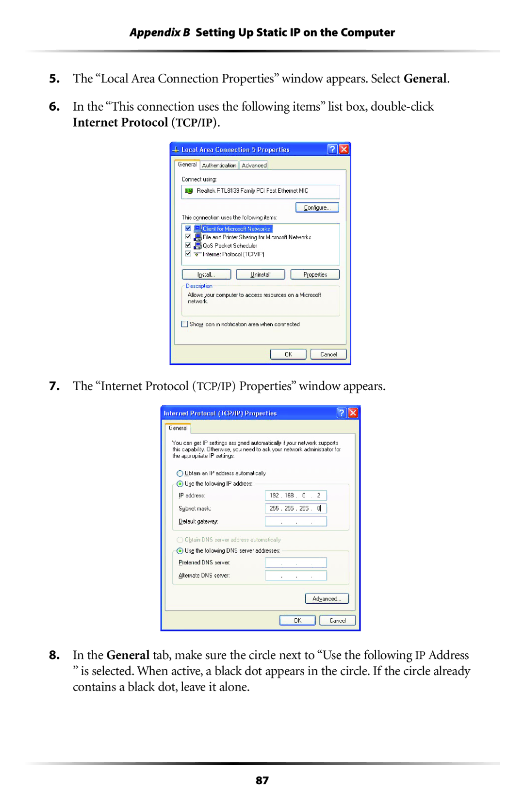 Actiontec electronic GT704WR user manual Appendix B Setting Up Static IP on the Computer 