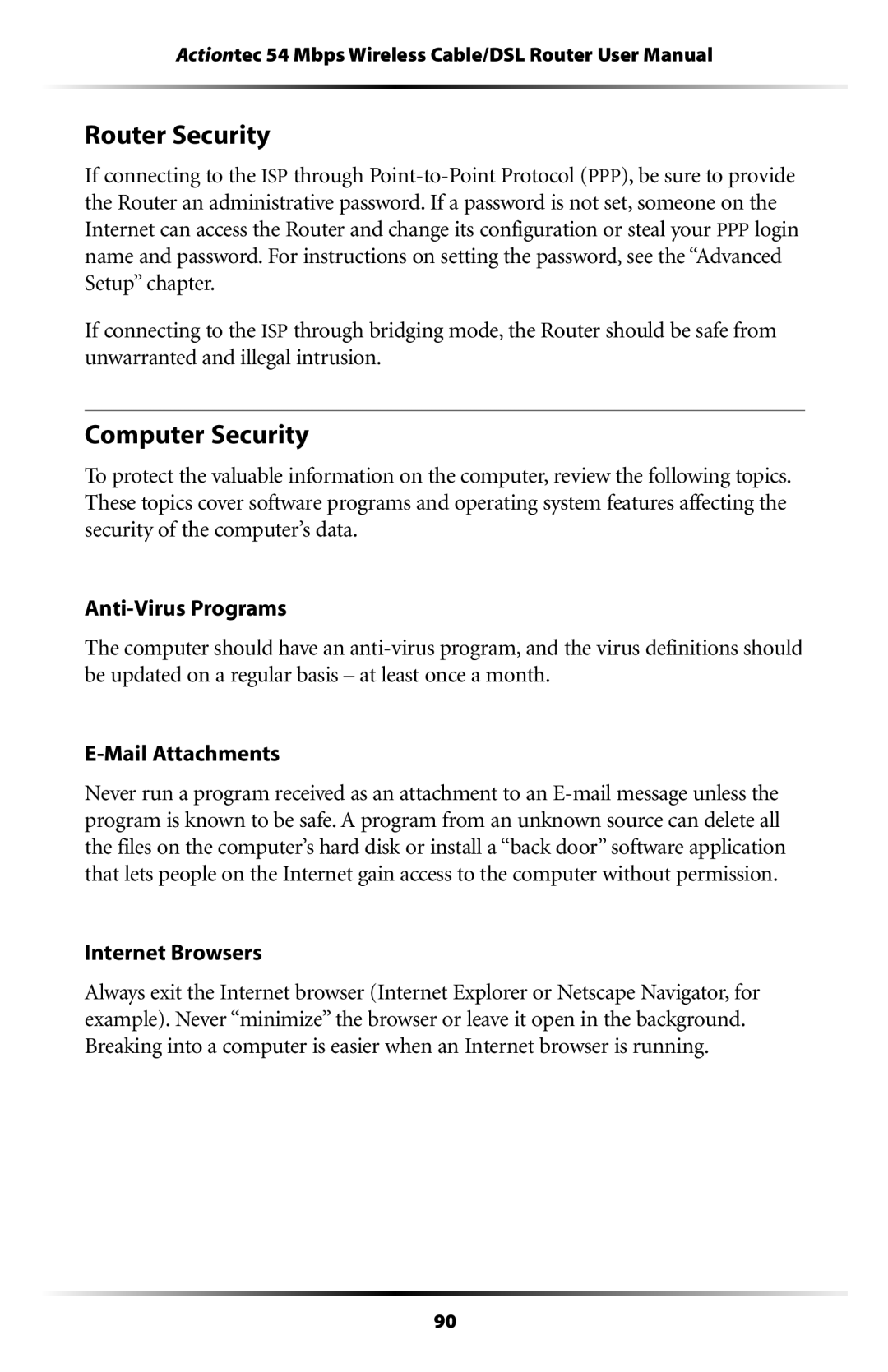 Actiontec electronic GT704WR user manual Router Security, Computer Security, Internet Browsers 