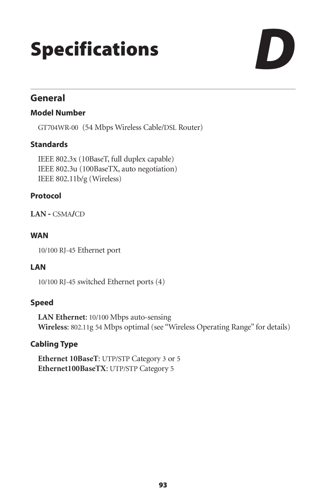 Actiontec electronic GT704WR user manual Specifications D, General 