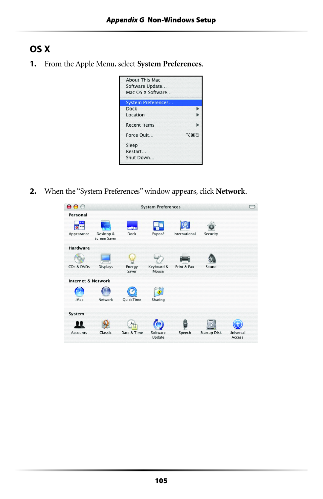 Actiontec electronic GT704WR user manual From the Apple Menu, select System Preferences, Appendix G Non-Windows Setup 