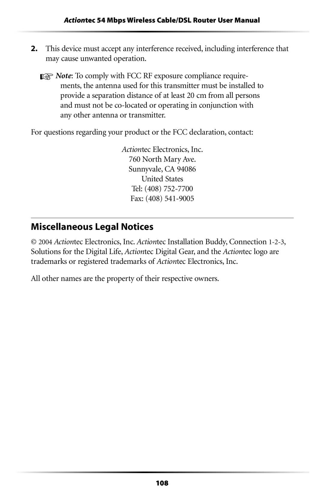 Actiontec electronic GT704WR user manual Miscellaneous Legal Notices 