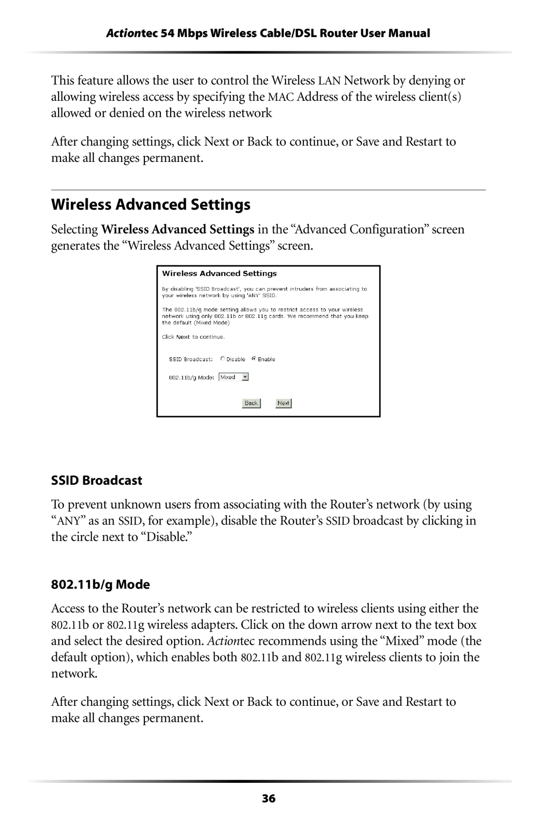Actiontec electronic GT704WR user manual Wireless Advanced Settings 