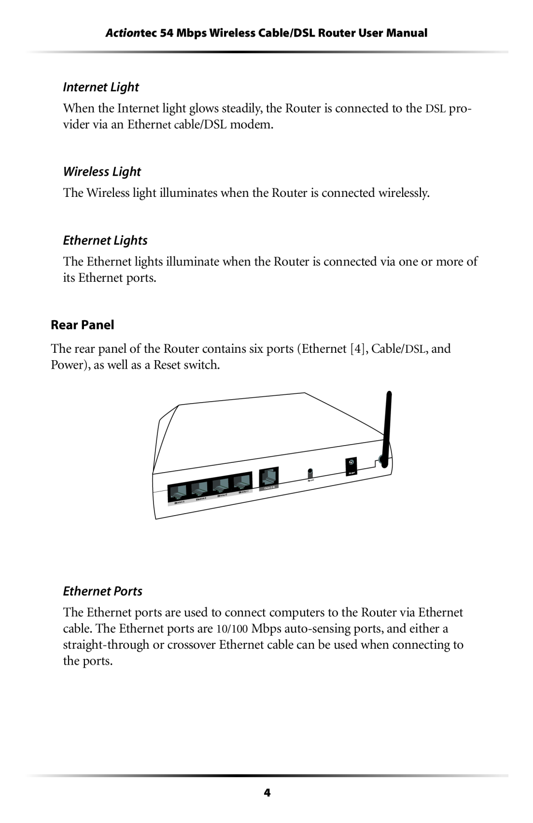 Actiontec electronic GT704WR user manual Internet Light, Wireless Light, Ethernet Lights, Ethernet Ports 