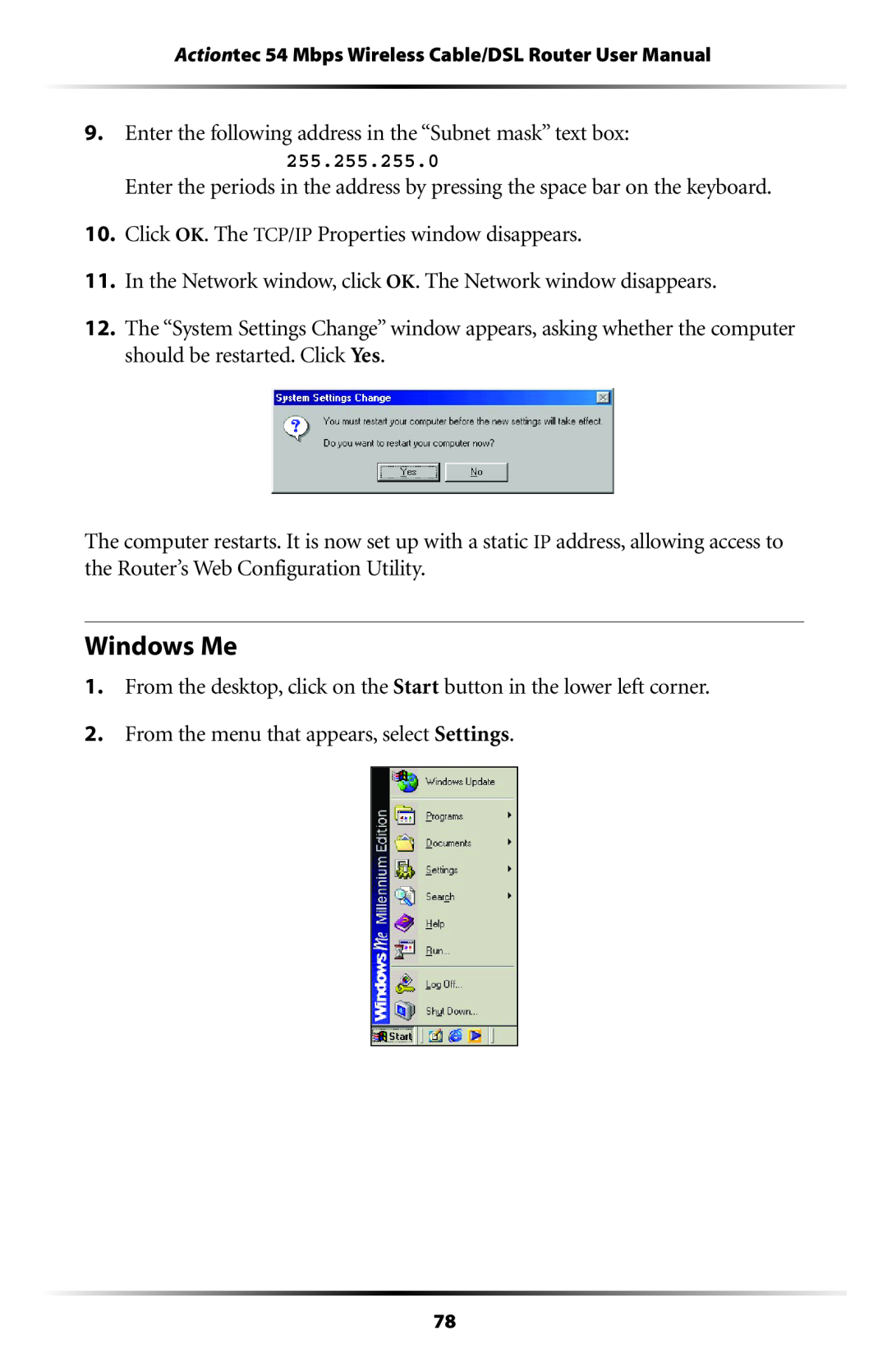Actiontec electronic GT704WR user manual Windows Me 
