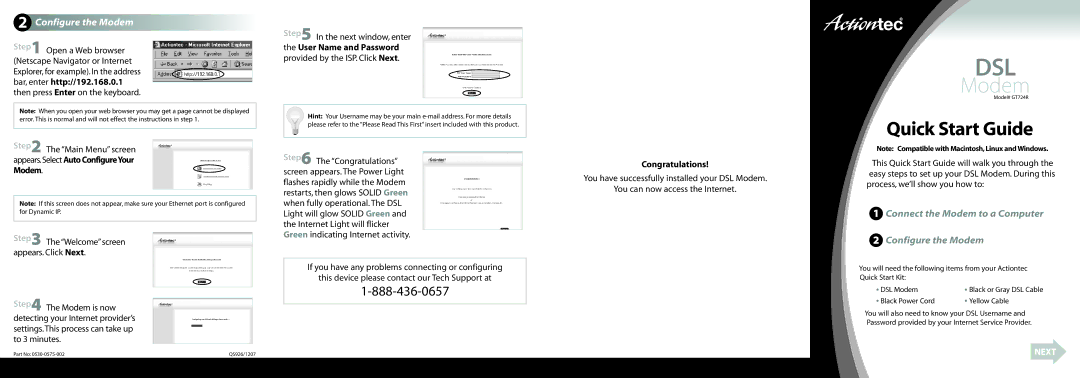 Actiontec electronic GT724R quick start Dsl, Quick Start Guide, Configure the Modem 