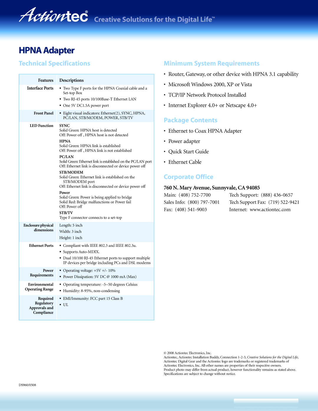 Actiontec electronic HCB1000 Technical Specifications, Minimum System Requirements, Package Contents, Corporate Office 