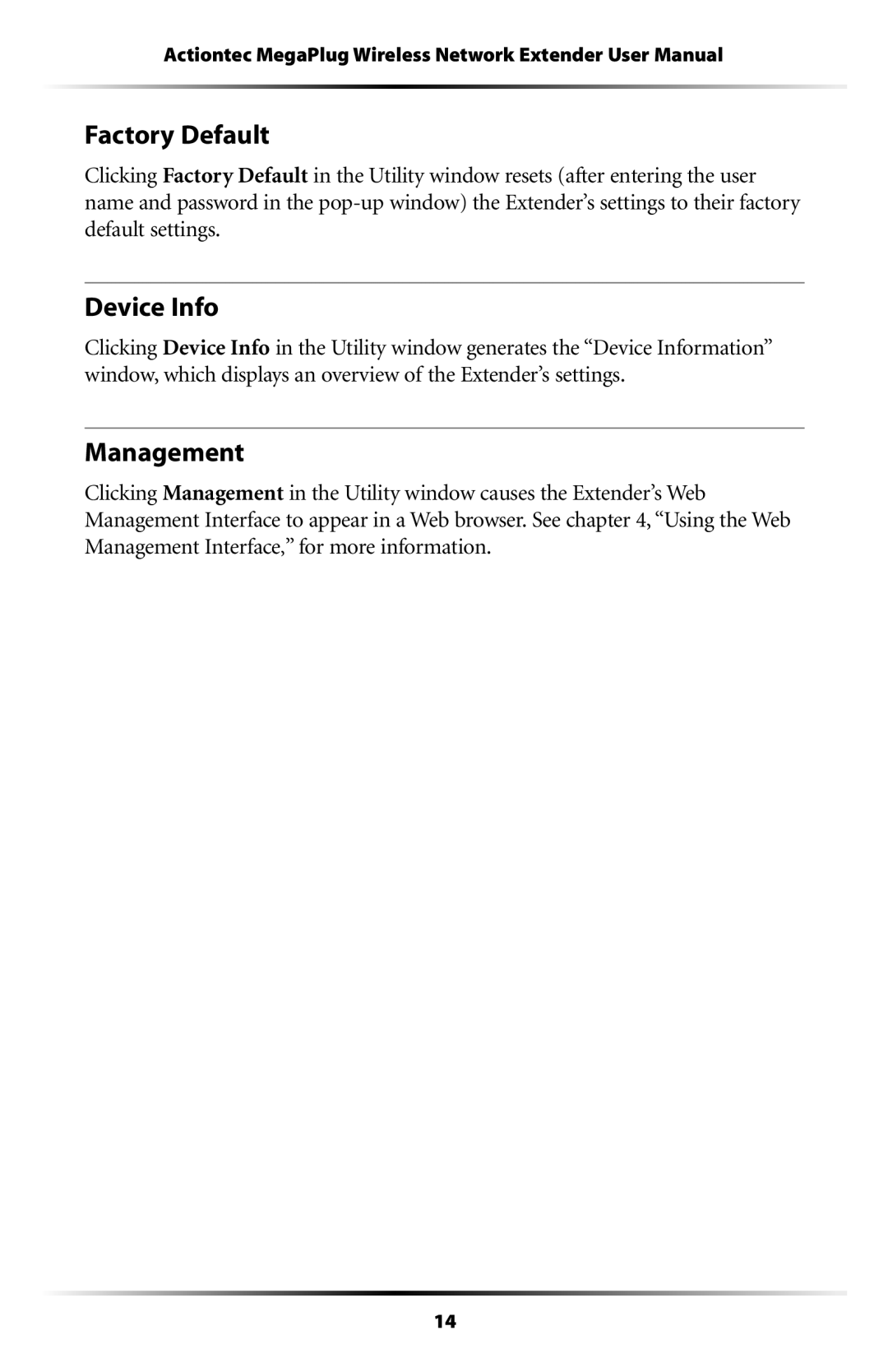 Actiontec electronic HPAP108T manual Factory Default, Device Info, Management 