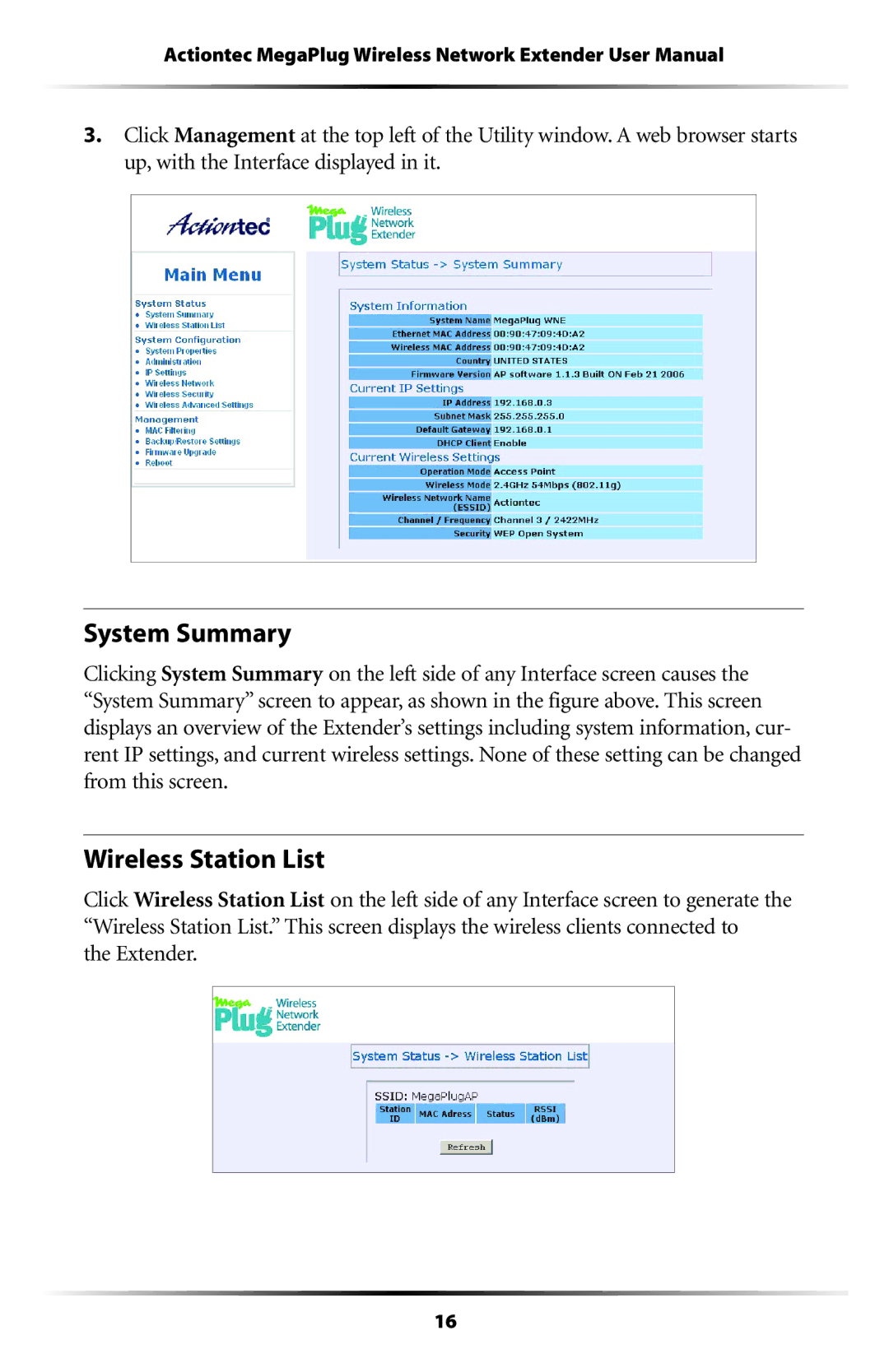 Actiontec electronic HPAP108T manual System Summary, Wireless Station List, Extender 