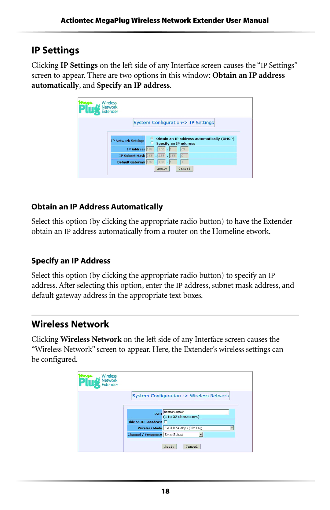 Actiontec electronic HPAP108T manual IP Settings, Wireless Network 