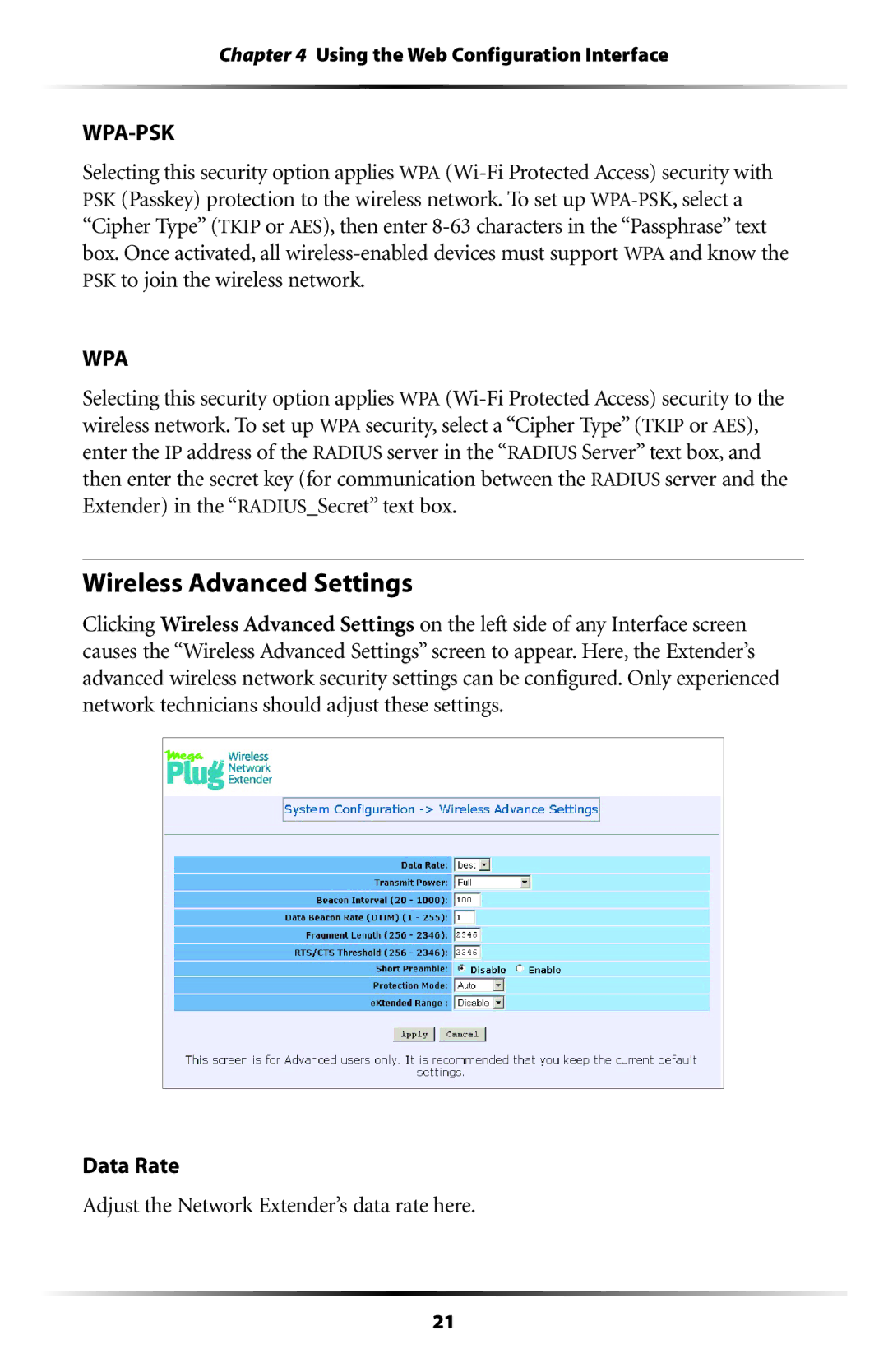 Actiontec electronic HPAP108T manual Wireless Advanced Settings, Data Rate Adjust the Network Extender’s data rate here 