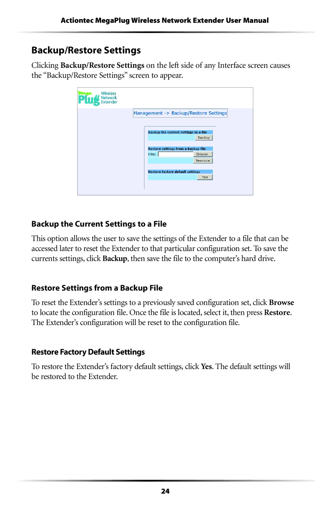 Actiontec electronic HPAP108T manual Backup/Restore Settings, Restore Settings from a Backup File 