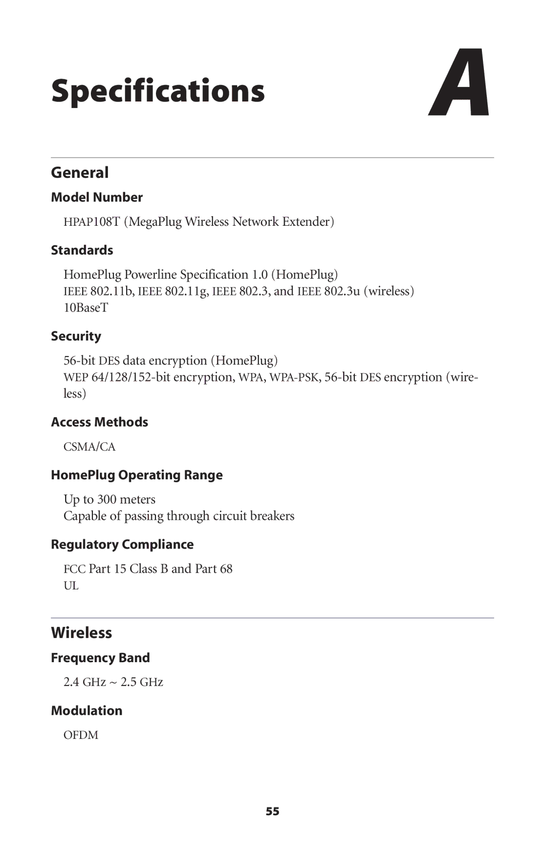 Actiontec electronic HPAP108T manual Specifications a, General, Wireless, Frequency Band GHz ~ 2.5 GHz Modulation 