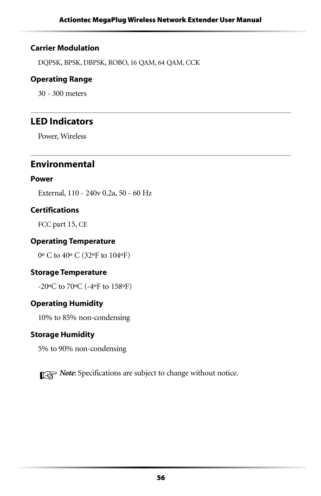 Actiontec electronic HPAP108T manual LED Indicators, Environmental, Carrier Modulation, Operating Range 30 300 meters 