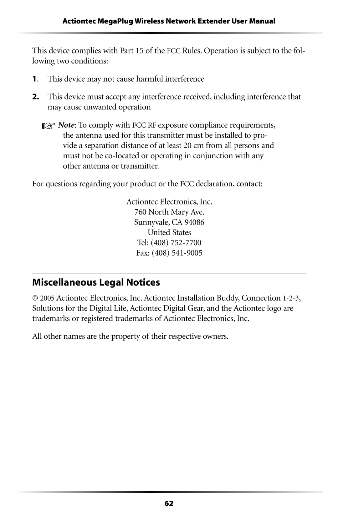 Actiontec electronic HPAP108T Miscellaneous Legal Notices, All other names are the property of their respective owners 