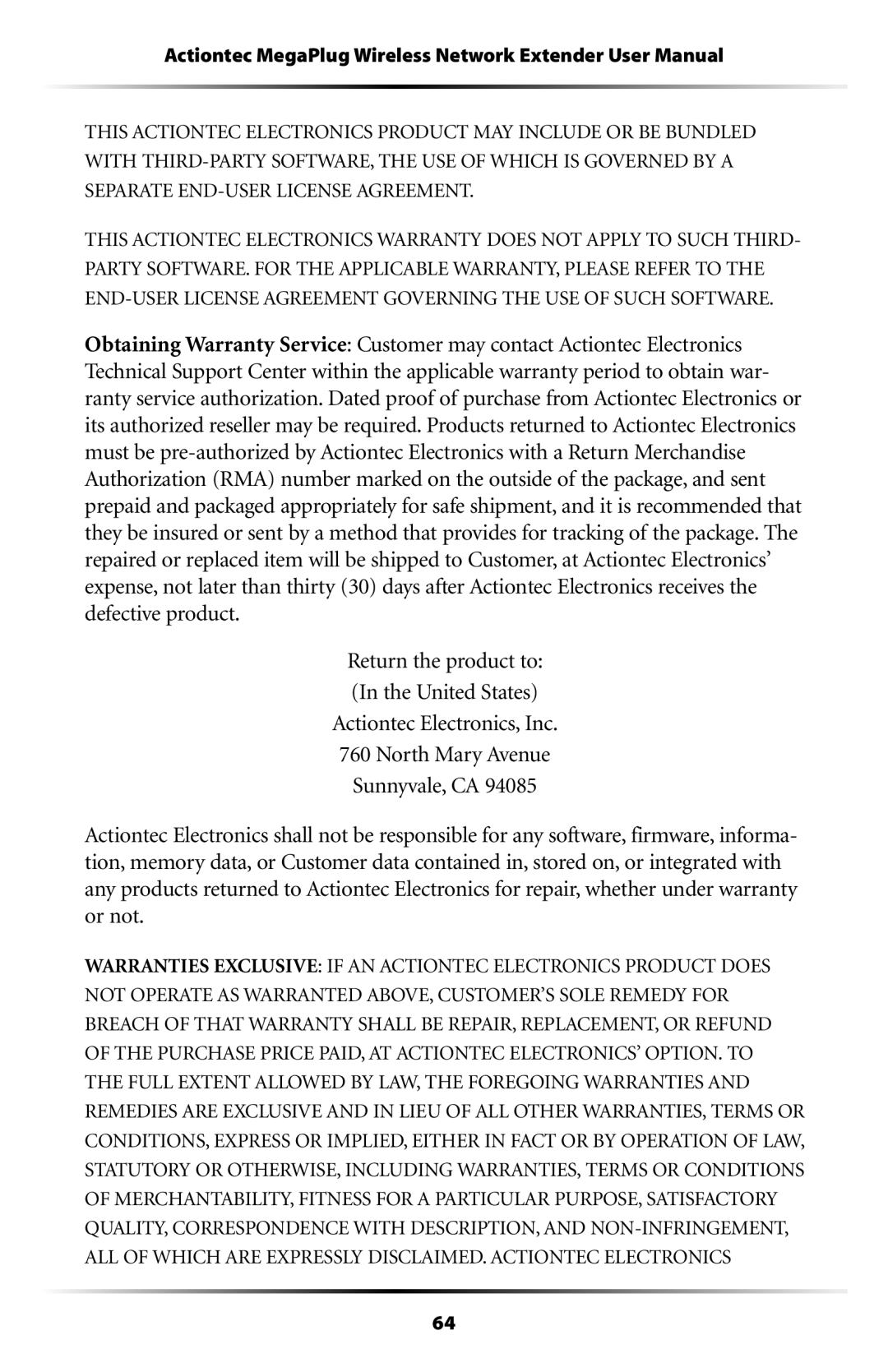 Actiontec electronic HPAP108T manual Actiontec Electronics, Inc North Mary Avenue Sunnyvale, CA 