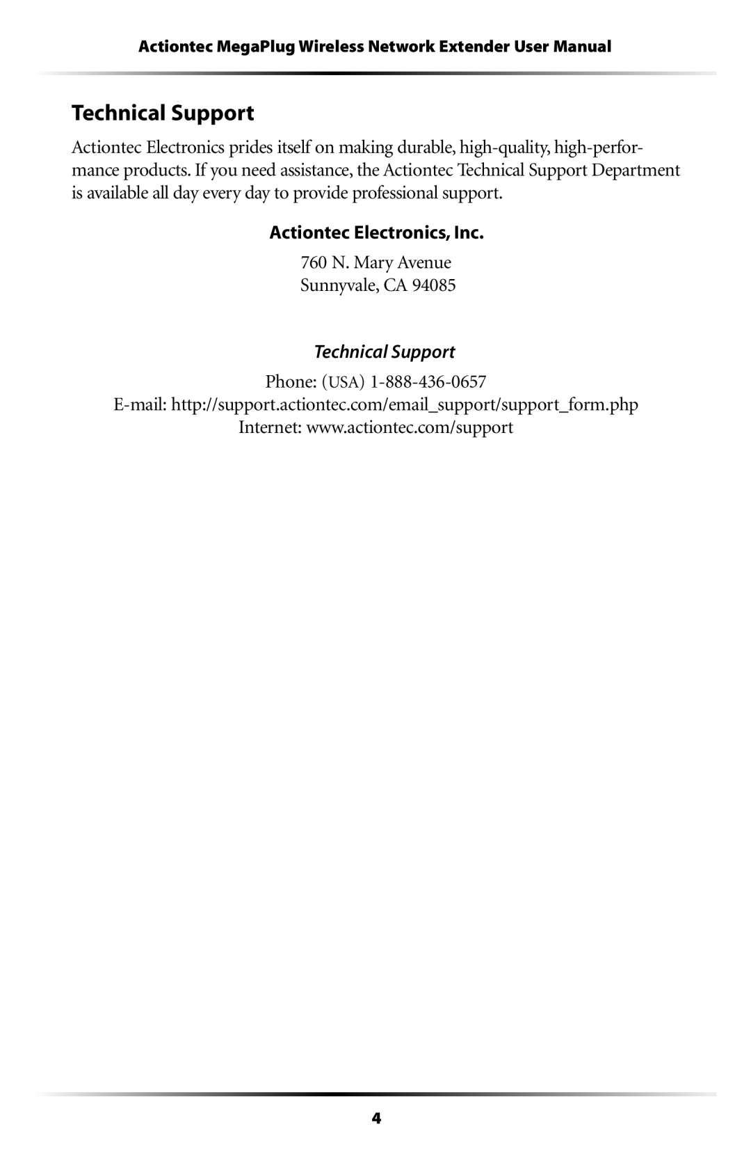 Actiontec electronic HPAP108T Technical Support, Actiontec Electronics, Inc 760 N. Mary Avenue Sunnyvale, CA, Phone USA 