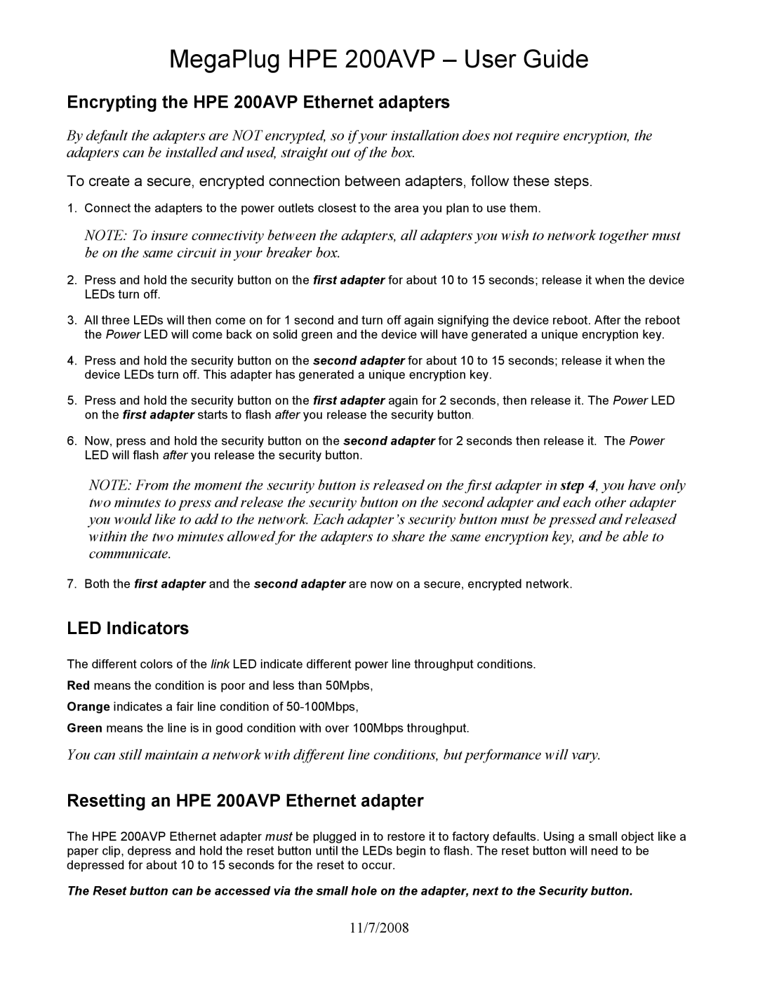 Actiontec electronic manual MegaPlug HPE 200AVP User Guide, Encrypting the HPE 200AVP Ethernet adapters, LED Indicators 