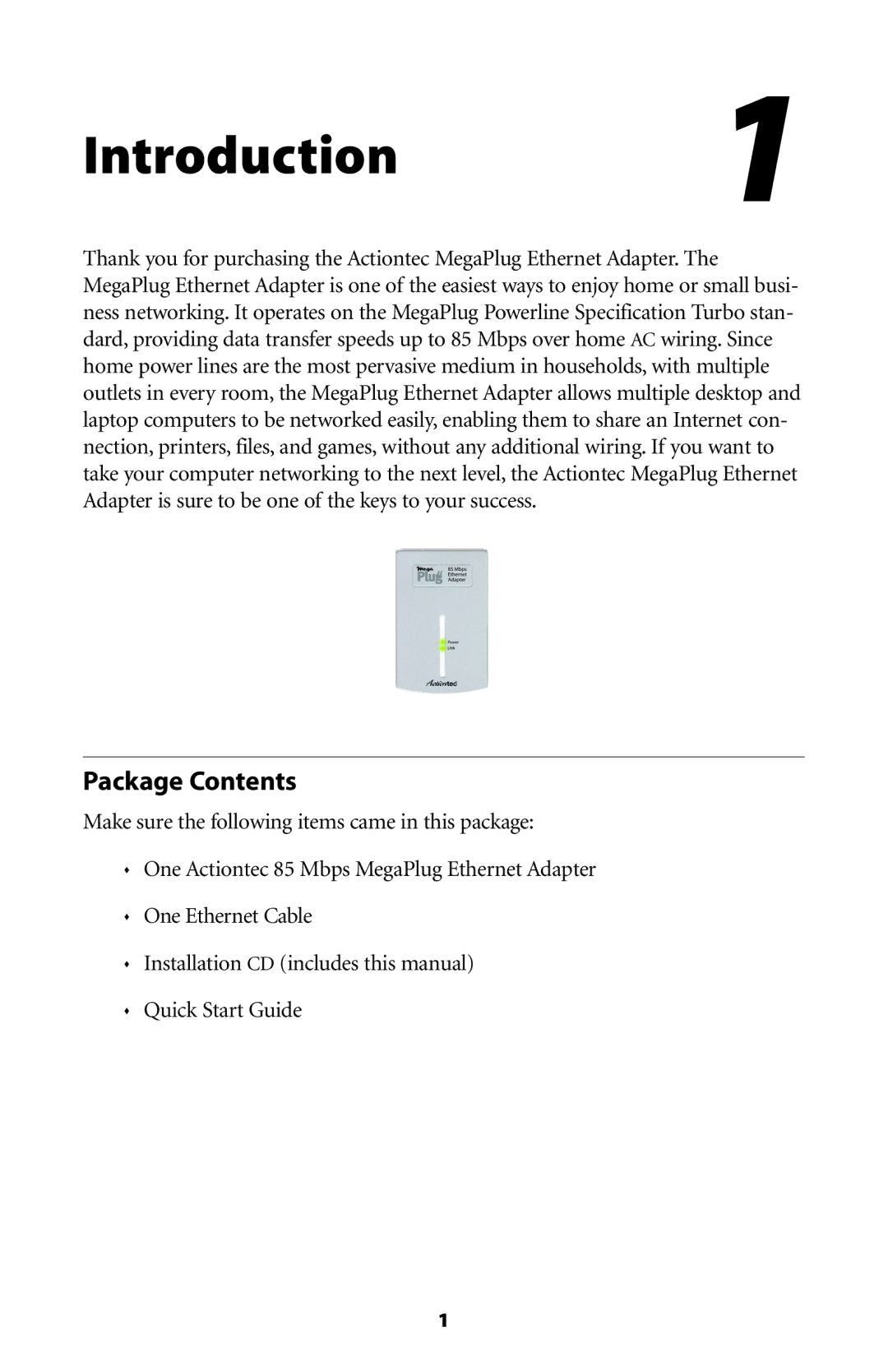 Actiontec electronic HPE100T user manual Introduction1, Package Contents 