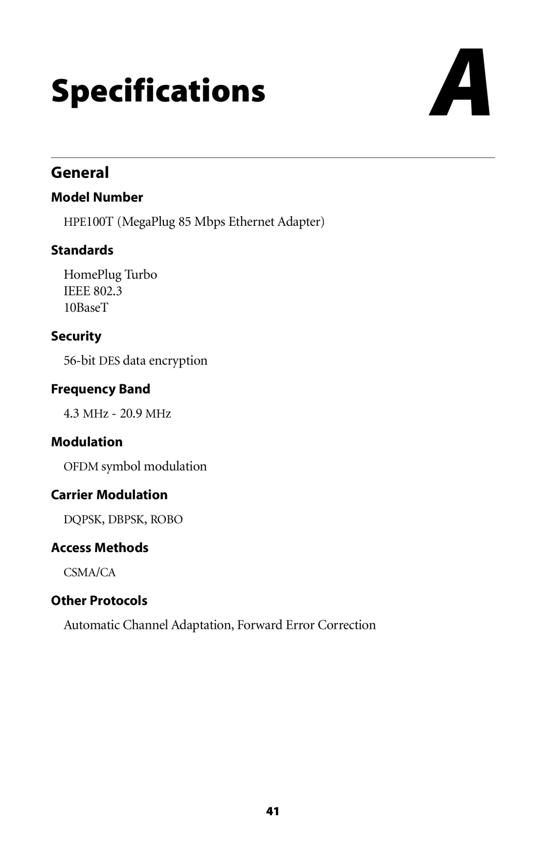 Actiontec electronic HPE100T user manual Specifications a, General 