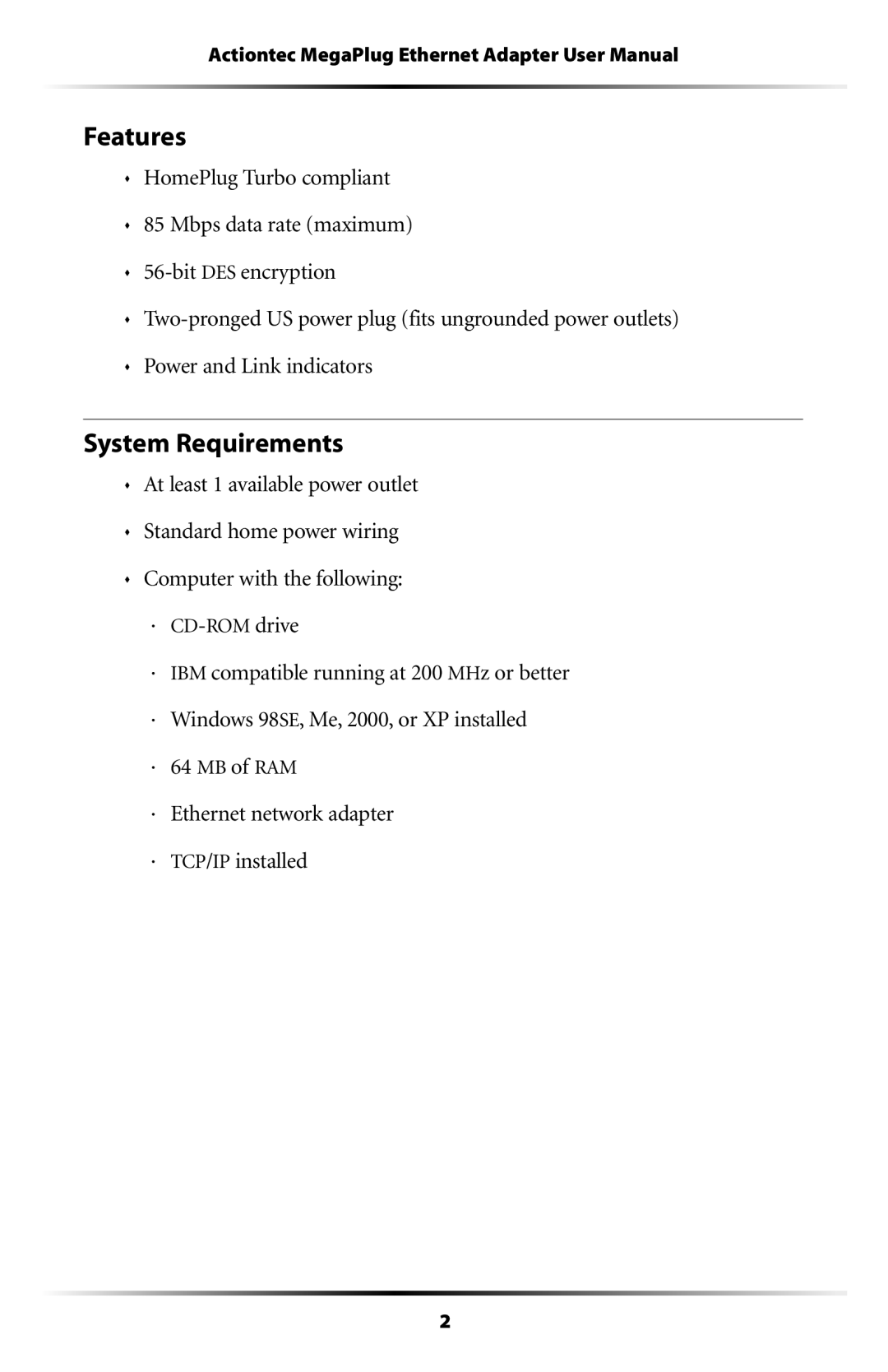 Actiontec electronic HPE100T user manual Features, System Requirements 