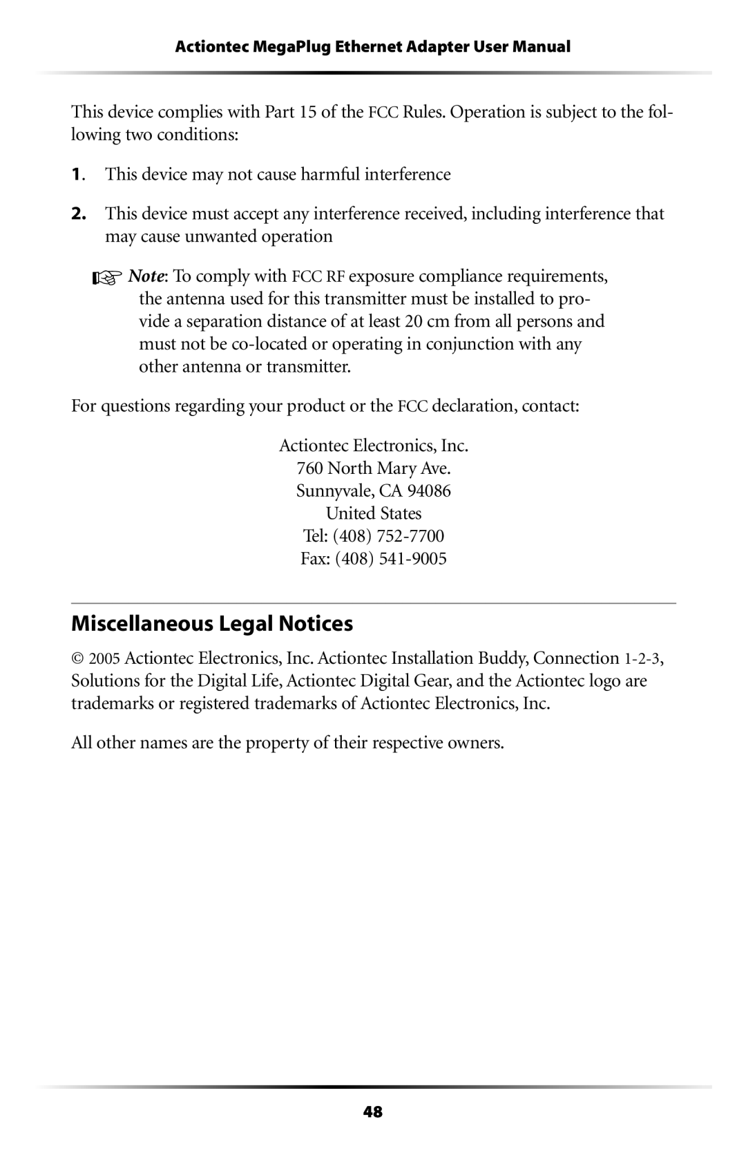 Actiontec electronic HPE100T user manual Miscellaneous Legal Notices 