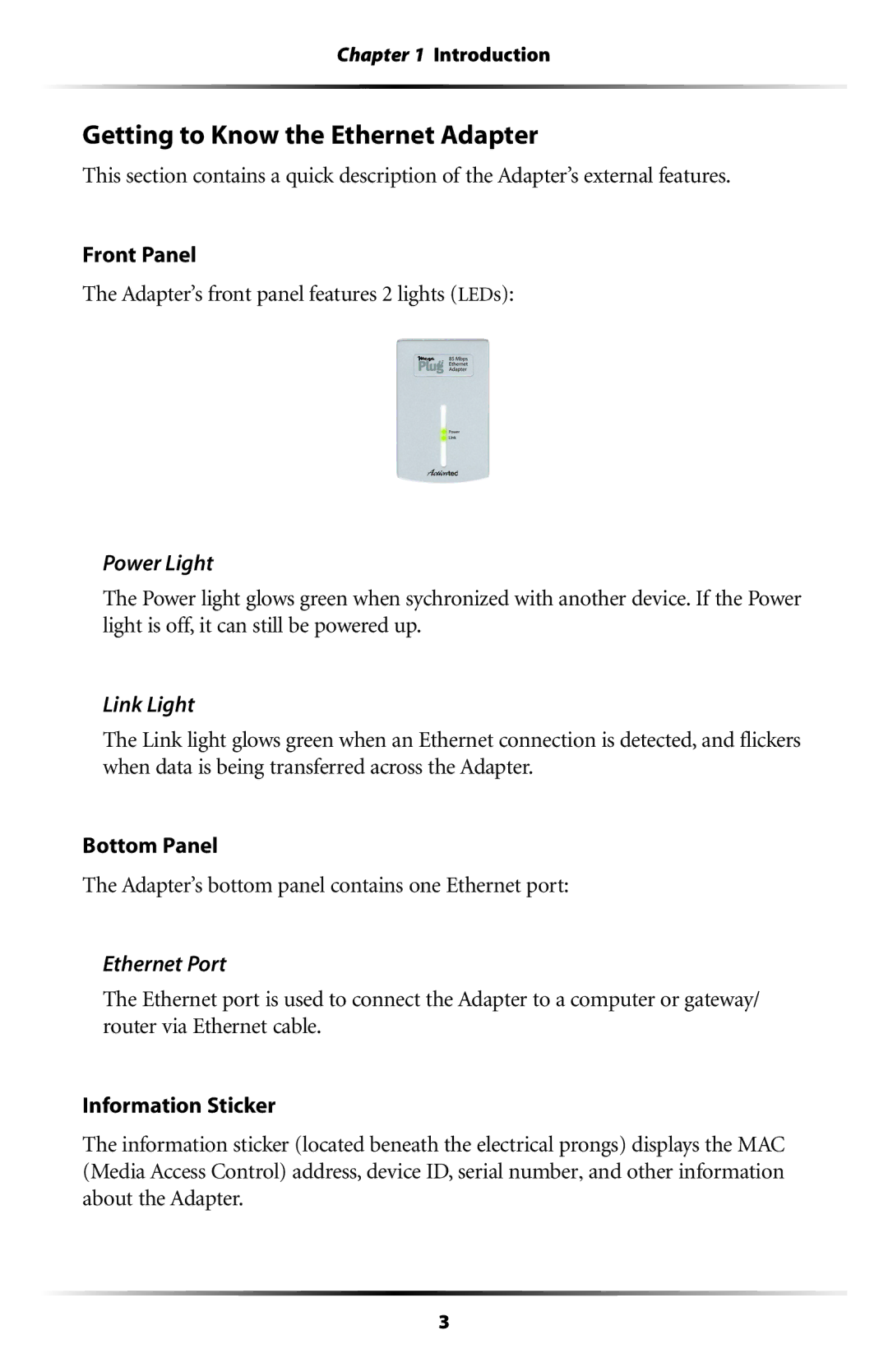 Actiontec electronic HPE100T user manual Getting to Know the Ethernet Adapter, Power Light 