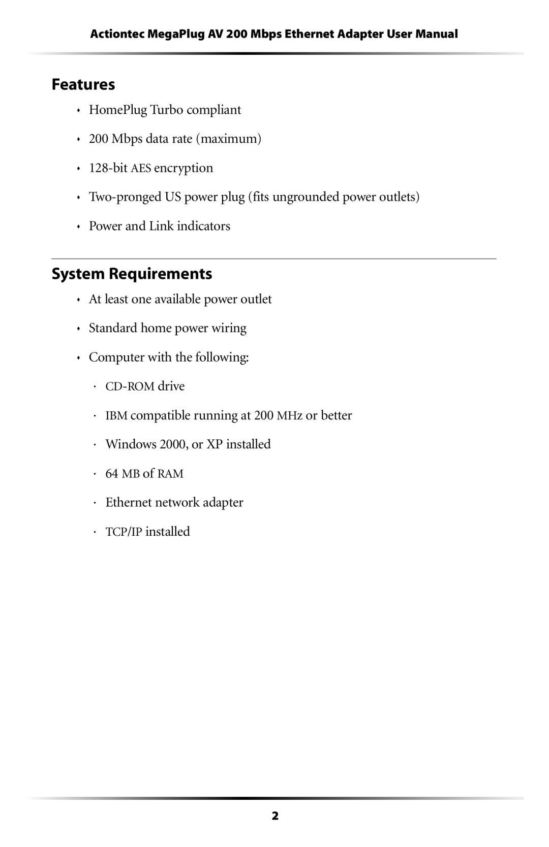 Actiontec electronic HPE200AV user manual Features, System Requirements 