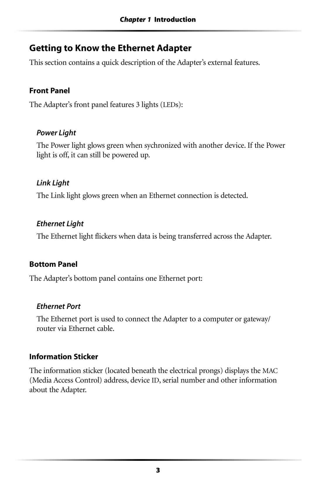 Actiontec electronic HPE200AV user manual Getting to Know the Ethernet Adapter, Power Light 